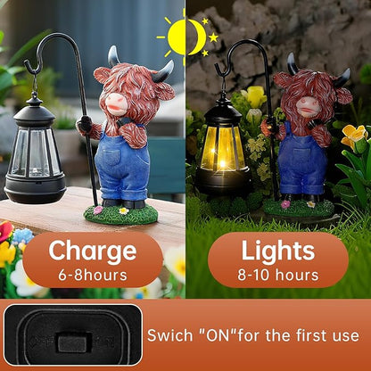 Solar Highland Cow Statue for Garden Decor: Outdoor Highland Cattle Sculpture with Lantern Clearance for Yard Balcony Lawn Patio Ornaments - Gifts for Mom Women Grandma