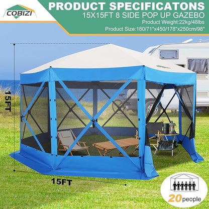 COBIZI 15x15ft Extra Large Pop-Up Gazebo Canopy Tent with Mosquito Netting, Spacious Easy Set-Up Screened Shelter, Durable Outdoor Pavilion with Ground Stakes, Perfect for Patio, Backyard, and Lawn
