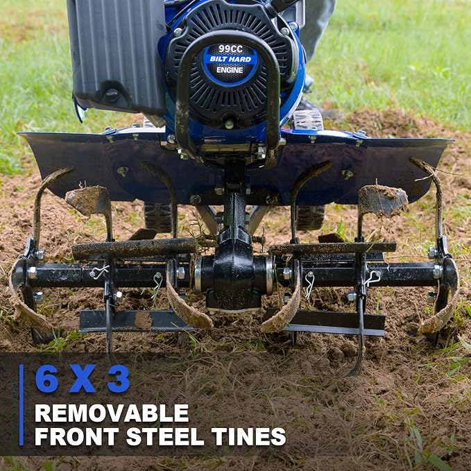 BILT HARD 24'' 99cc 4-Cycle Gas Tiller Cultivator, Variable Width Front Rotating Tines Tiller, 11.8'' Max Working Depth, Adjustable Handle & Wheels Rototiller for Weeding, Cultivating, Digging