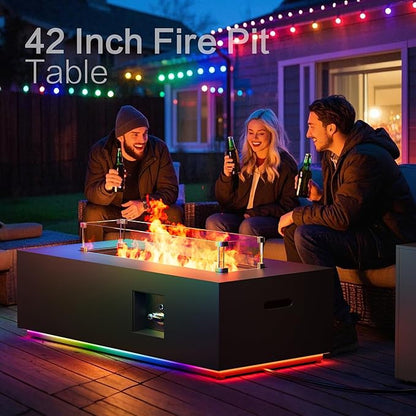 42" Outdoor Fire Pit Table, 50,000 BTU Gas Fire Pit with Glass Wind Guard, Fire Stones, Waterproof Cover, Propane Fire Pit Table for Outside Patio (RGB Light, Black)