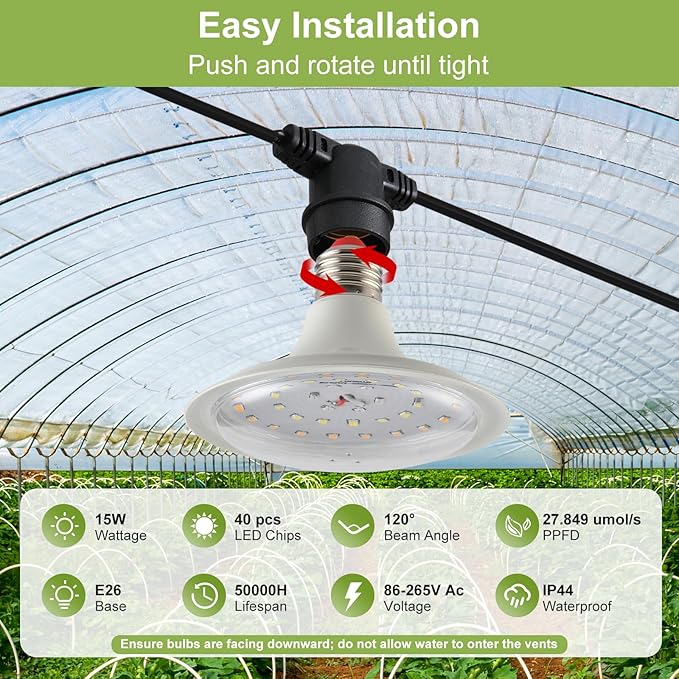 Outdoor Grow Lights for Plants, Full Spectrum Greenhouse Grow Light, Waterproof String Grow Light, 22FT Adjustable Cord, for Vegetables, Seedlings, Flowers (6 Lights)