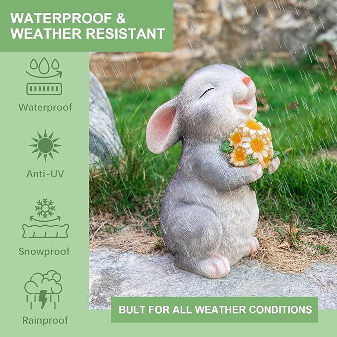 Solar Rabbit Garden Statues Outdoor Bunny Decor Resin Rabbit Figurine Holding Sunflower with LED Lights for Proch Patio Lawn Yard Christmas Birthday Gardening Gifts for Mom Women