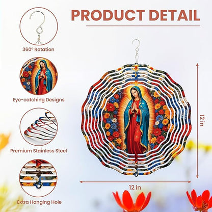 FLAGWIX Christmas Christian Gifts for Women Faith - Virgen de Guadalupe 3D Stainless Steel Metal Wind Spinners 12 in - Our Lady of Guadalupe Wind Spinner Outdoor, Religious Gifts for Mom Grandma
