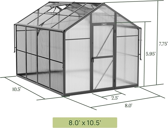 Vego Garden Junior Victorian Greenhouse 8ft – Durable Aluminum Frame with Polycarbonate Panels – All-Season Greenhouse for Backyard or Patio