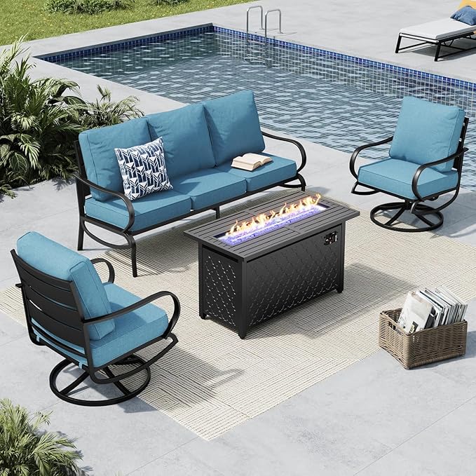 MFSTUDIO 4 Piece Patio Conversation Sets, All Weather Metal Frame Outdoor Furniture Set Patio Sofas with 1 x 45 Rectangular Fire Pit Table, 1 x 3-Seat Sofa, 2 x Swivel Chairs, Navy Cushion