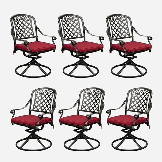 Set of 6 Cast Aluminum Patio Chairs with Cushions, All-Weather Aluminum Outdoor Swivel Chairs, Metal Outdoor Rocking Chairs for Backyard, Poolside and Bistro(Red, 6 Pieces)