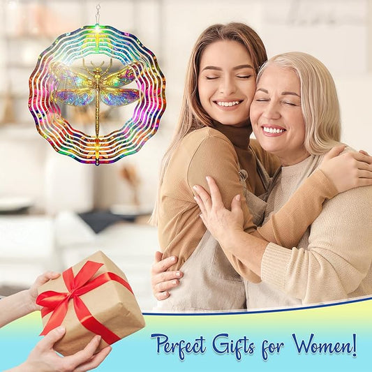 FLAGWIX Christmas Dragonfly Gifts for Women - 3D Stainless Steel Metal Wind Spinners 12 in - Dragonfly Wind Spinners Outdoor, Yard Garden Decor for Outside, Christmas Garden Gifts for Mom Grandma