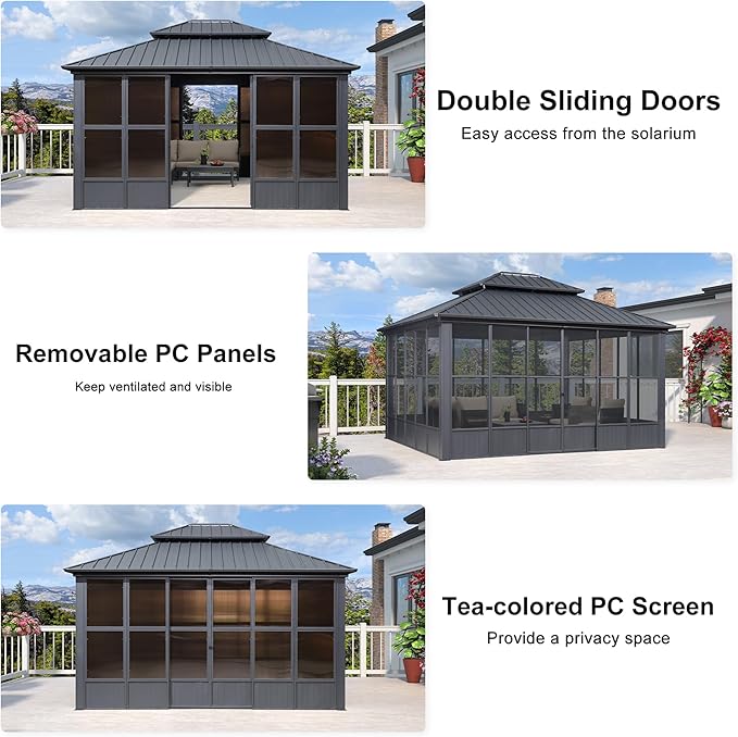 PURPLE LEAF 12' X 14' Solarium Sunroom Permanent Hardtop Gazebo Galvanized Steel Double Roof Aluminum Outdoor Screen House for Lawn Deck Backyard Grey