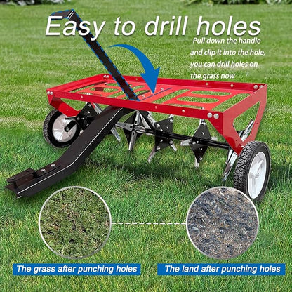 kerlista Tow Behind Lawn Plug Aerator and Heavy Duty Lawn Aerator for Tractors Ride-On Mowers and ATVs and Durable Steel Construction 40-Inch Working Width 3-Inch Spike Depth-Red