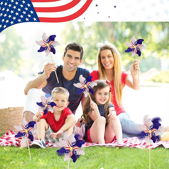 HOOSUN 12 Pcs Patriotic Pinwheels for Yard and Garden Patriotic Decorations,American Flag Pinwheels to Scare Birds Away,Red White and Blue Decorations Reflective Wind Spinners,Veterans Day Decorations