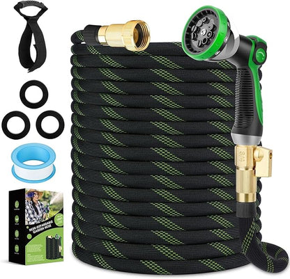 Non-Expandable Garden Hose 150 ft, Ultra Lightweight & Flexible Water Hose With 10-Pattern Spray Nozzle, Full Length Leak-Proof Design, High-Density Fabric & Shut-Off Valve, Hose Straps