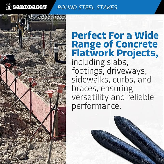 Sandbaggy Round Steel Concrete Form Stakes with Nail Holes - Rust Resistant Coating - Removable, Reusable (10, 3/4 in X 36 in)