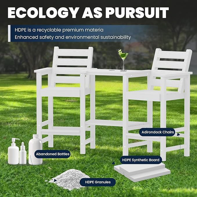 Tall Adirondack Chairs Set of 2, All Weather HDPE Poly Bar Height Balcony Adirondack Chair with Removable Double Connecting Trays, Outdoor Adirondack Barstools for Deck, Patio, Yard, Pool, Lawn