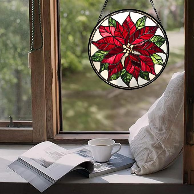 Stained Glass Window Hanging - Red Poinsettia Birth Flower Suncatcher for Door Garden Yard Sun Catchers Decor Christmas Mother's Day Birthday Gifts for Women Mom Nana Friend Men 7.8 in