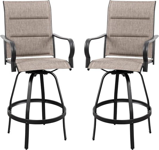 Vongrasig 2 Piece Outdoor Patio Swivel Bar Chairs, All Weather Padded Sling Textile High Top Bar Stools, Bistro Set for Backyard, Lawn Garden, Balcony, Gray