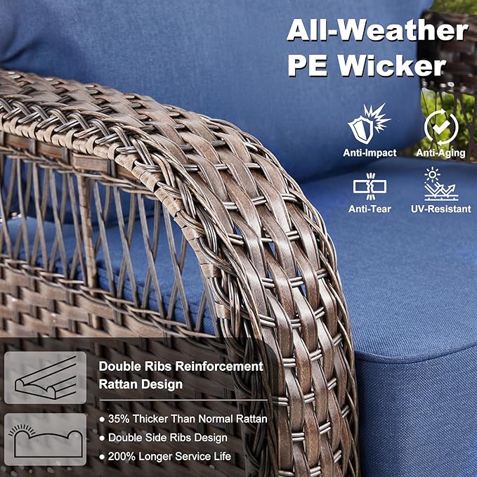 5 Pieces Patio Furniture Set Outdoor Sectional Sofa Couch with Rocking Swivel Chairs 5" Deep Seat Chairs, Modern Wicker Rattan Conversation Set, Blue/Brown Wicker