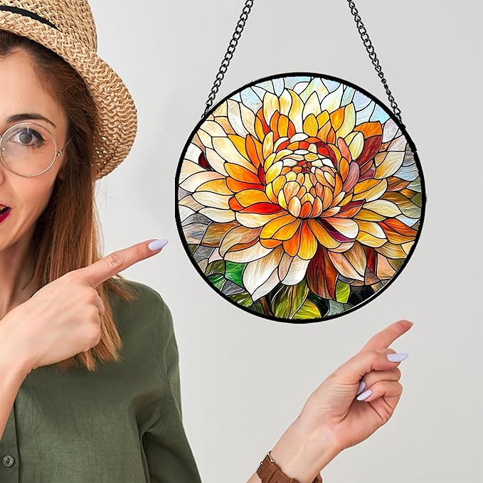 Stained Glass Window Hanging - Chrysanthemum Suncatcher for Doors Garden Patio Birth Flowers Sun Catchers Decor Christmas Mother's Day Birthday Gifts for Women Men Mom Nana Friend 11.8 in