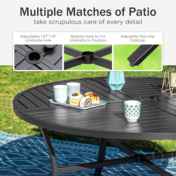 PHI VILLA 7 Pieces Outdoor Round Dining Set for 6, Wrought Iron Dining Table with Umbrella Hole & Stackable Metal Steel Chairs, Large Dining Furniture Set for Patio, Deck, Yard, Porch