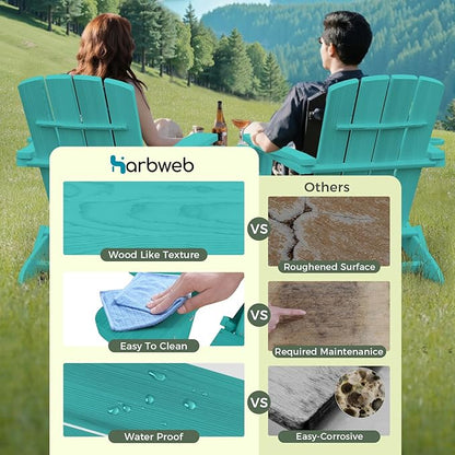 Folding Adirondack Chair Wood Texture 6 Pack, HDPE All-Weather Fire Pit Chairs, Plastic Adirondack Chairs with 2 Cup Holder, Outdoor Lawn Chair for Patio Garden (Lake Blue)