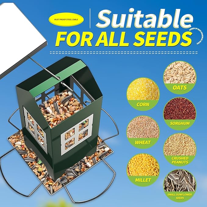 Upgrade All Metal Chew Proof Design Squirrel Proof Bird Feeder Large, 4 Drainage Holes for Easy Cleaning, Outdoor Hanging Window Feeder for Wild Birds