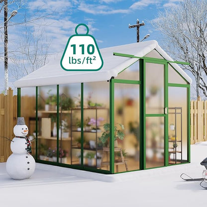 6 X 8 FT Greenhouse, Heavy-Duty Polycarbonate Large Walk-in Greenhouse Roof Vent ,Aluminum Frame & Lockable Door, for Backyard, Green Houses for Outside Garden Backyard