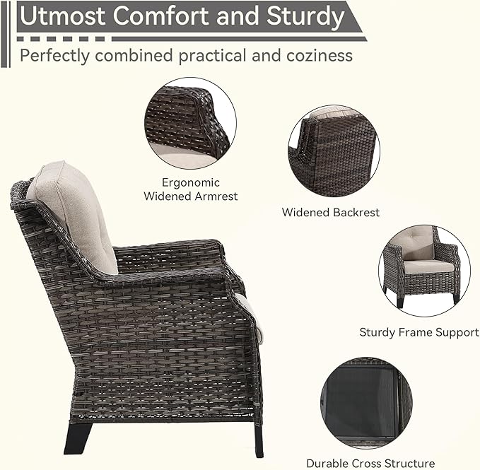 4 Piece Patio Furniture Set, 2 Chairs and 2 Ottomans PE Wicker Footstool, Outdoors Rattan Conversation Set with Deep Seating and Olefin Cushions, for Backyard, Garden, Beige