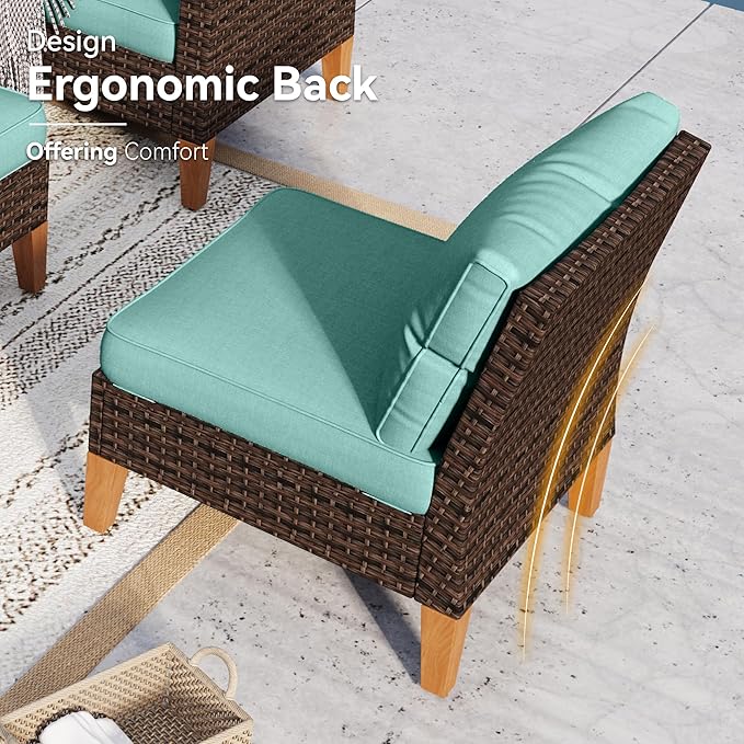 GREEN PARTY 8 Pieces Wicker Patio Furniture Set, All-Weather Outdoor Rattan Half-Moon Curved Patio Sectional Sofa Conversation Set with 4" Thick Cushions for Garden, Backyard, 2 x Ottomans (Blue)