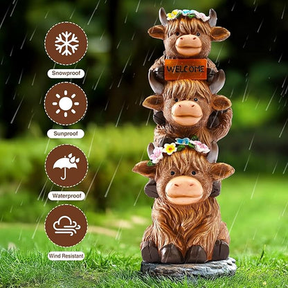 Christmas Highland Cow Statue Solar Outdoor Decor with Flower Decoration Funny Triple Highland Cow Decor Birthday Thanksgiving Gifts for Women Mom Highland Cows Figurine for Yard Garden Lawn Ornaments