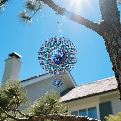 Wind Spinners Outdoor, Retro Blue Lotus Earth 3D Stainless Steel Wind Sculpture Spinner for Garden Outside Hanging Decor Mother's Day Christmas Birthday Gift for Women Men Mom Nana 11.8 in