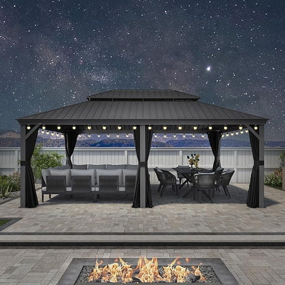 PURPLE LEAF 14' x 20' Patio Hardtop Gazebo Metal Roof Heavy Duty Wind Resistance Outdoor Permanent Large Pavilion Gazebo for Patio Deck and Garden, Netting and Curtains Included, Light Grey