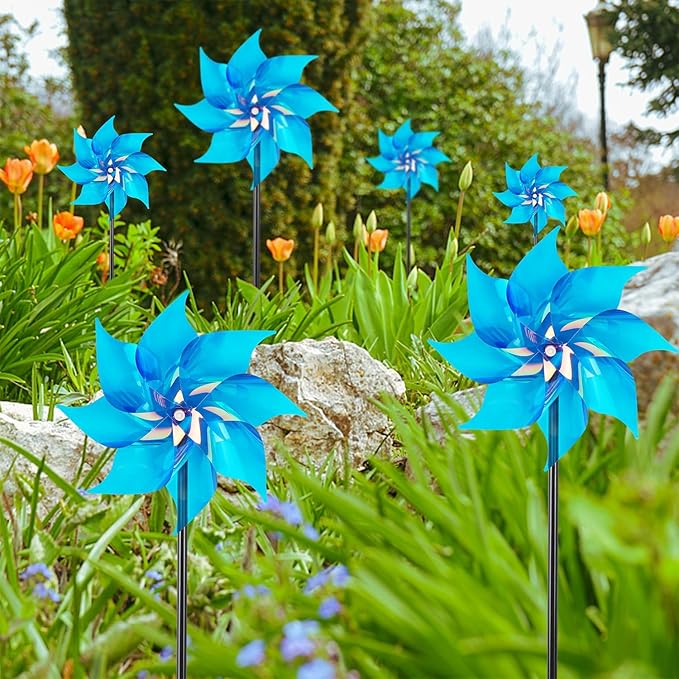 Hausse 10 Pack Reflective Pinwheels Wind Spinner, Extra Sparkly Pinwheel with Stakes, Bird Repellent Blinder Devices Deterrent to Scare Birds Away from Yard Patio Farm Garden, Transparent Blue