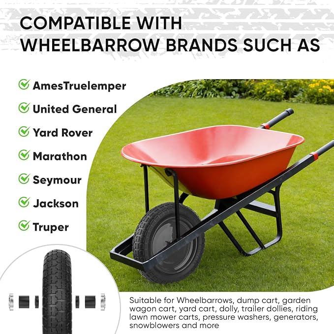 TICONN 4.80/4.00-8 Tire, 14.5" Flat Free Wheelbarrow Tire and Wheel, Solid Replacement Tires, 5/8" 3/4" Bearings, Universal Fit 4.80/4.00-8, 3.50/3.00-8, 4.00-6 (14.5" Black, 2PK)