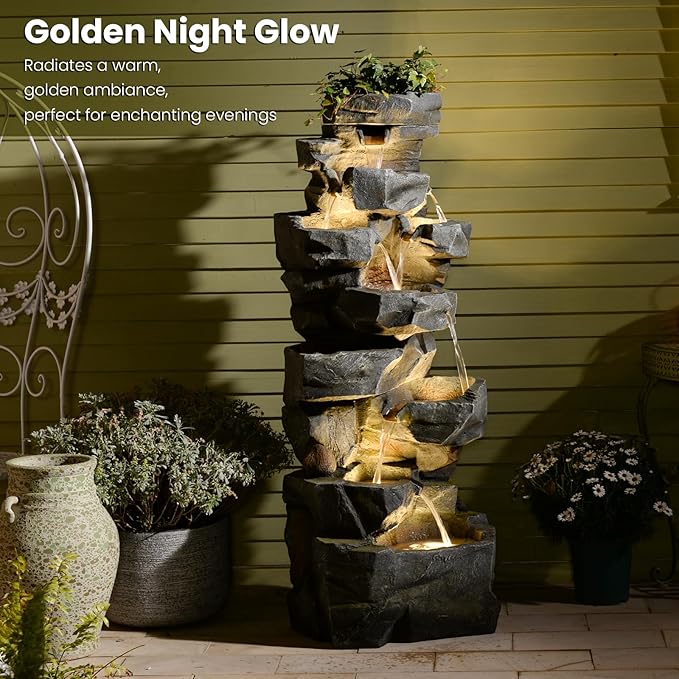 58“H Outdoor Garden Water Fountain 6 Tiers Large Cascading Rock Natural Waterfall Outdoor Fountain with LED Lights for Patio Porch Backyard Home Art Decor