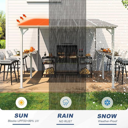 MEISSALIVVE 10' x 10' Wall Mounted Gazebo, Outdoor BBQ Grill Gazebo with Side Shelf, Lean to Metal Awnings with Sloped Roof, Heavy Duty Pergola for Backyard, Deck, White