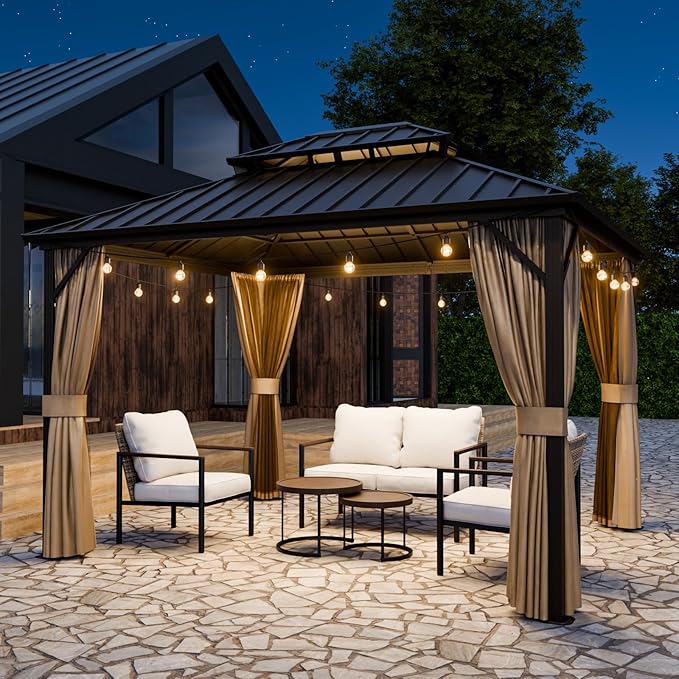 COOS BAY 12x10 Hardtop Gazebo with Aluminum Frame, Galvanized Steel Double Roof Outdoor Pavilion with Netting and Curtains, Dark Brown/Tan
