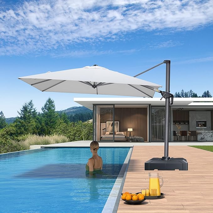 PURPLE LEAF 8' X 8' Patio Umbrella with Base for Pool 7' High Offset Outdoor Cantilever Umbrella Swimming Pool Umbrella with 360°Rotation for Poolside White