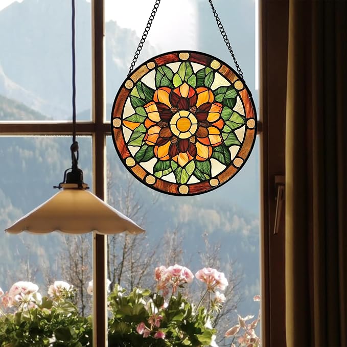 Stained Glass Window Hanging - Yellow Green Boho Style Flowers Sun Catcher for Door Garden Home Decor Suncatcher Christmas Mother's Day Birthday Gifts for Women Mom Girl Nana Friend 11.8 in