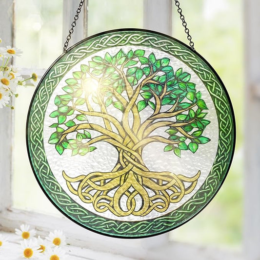 FLAGWIX Christmas Tree of Life Gifts for Women Men - Stained Glass Window Hanging 8 in - Xmas Birthday Gifts for Mom Grandma, Celtic Decor Suncatchers for Windows Hanging, Christmas Decoration