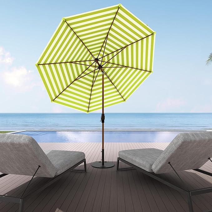 Midtown Umbrellas Wooden 2-8 Feet Outdoor Patio Umbrella, Terylast Green & White Stripes Fabric, Aluminum Frame For Backyard Umbrella, Deck Umbrella, Garden Umbrella & Pool Umbrella - Wooden Pole