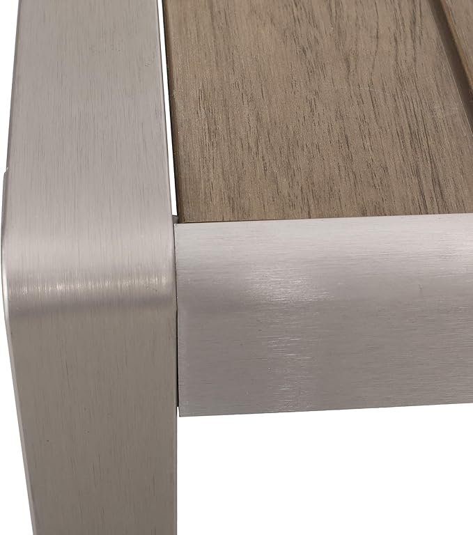Great Deal Furniture Hannah Outdoor Modern Aluminum Dining Table with Faux Wood Table Top, Natural and Silver