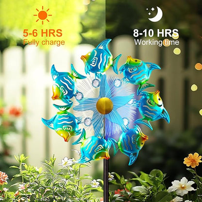 Solar Wind Spinners Outdoor, 51" Waterproof Metal Stake Tropical Fish Sculpture with 7 Color LED Lights 360° Rotating Kinetic Solar Windmill for Yard Garden Lawn Patio Decor