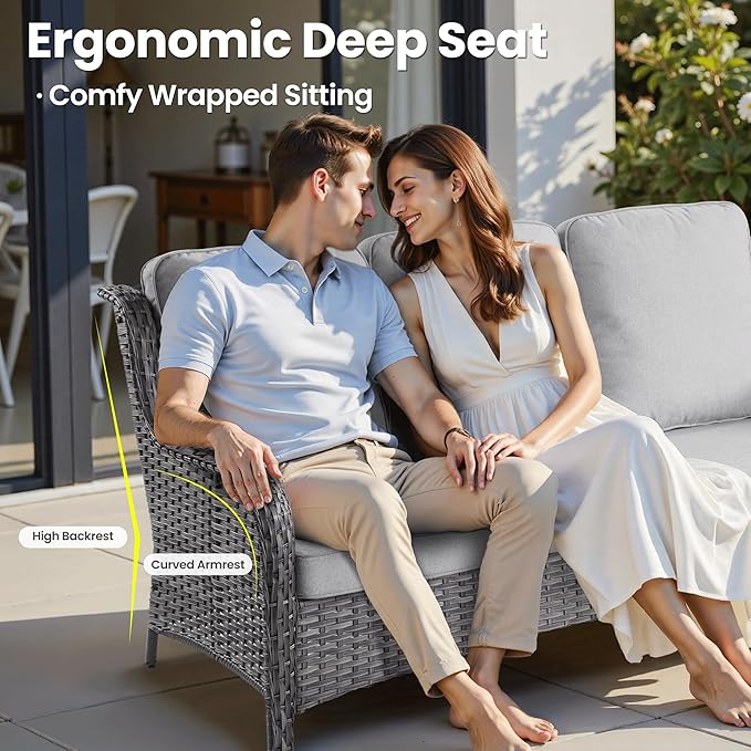 ovios 7 Pieces Patio Furniture Set, Outdoor Wicker Sofa Couch with Swivel Chairs 54" Fire Pit Table, High Back All Weather Modern Conversation Sets, Grey Rattan, Grey