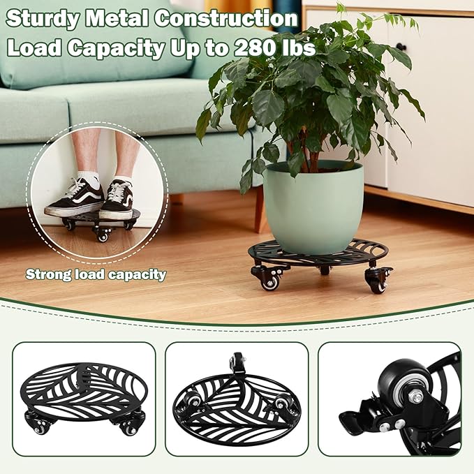 1 Pack 12 inches Large Metal Plant Caddy with 3 PU Metal Wheels Rolling Plant Stand with Casters Indoor Outdoor Wheeled Planter Roller Base Pot Movers Plant Dolly Coaster Trolley Black