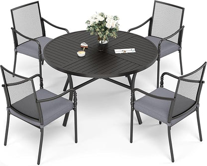 Patio Table and Chairs Set of 4, All-Weather Breathable Metal Mesh Patio Chair with Gourd-Shaped Armrests, 42x42 Round Table with Umbrella Hole, 5 Pcs Metal Frame Patio Dining Set