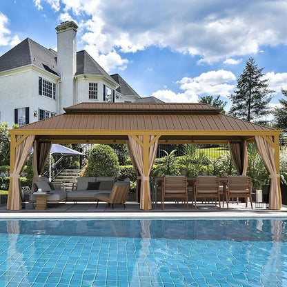MELLCOM 12'x24' Hardtop Gazebo, Wood Grain Aluminum Frame with Galvanized Steel Double Roof, Outdoor Gazebo with Curtains and Nettings for Patio, Backyard and Deck