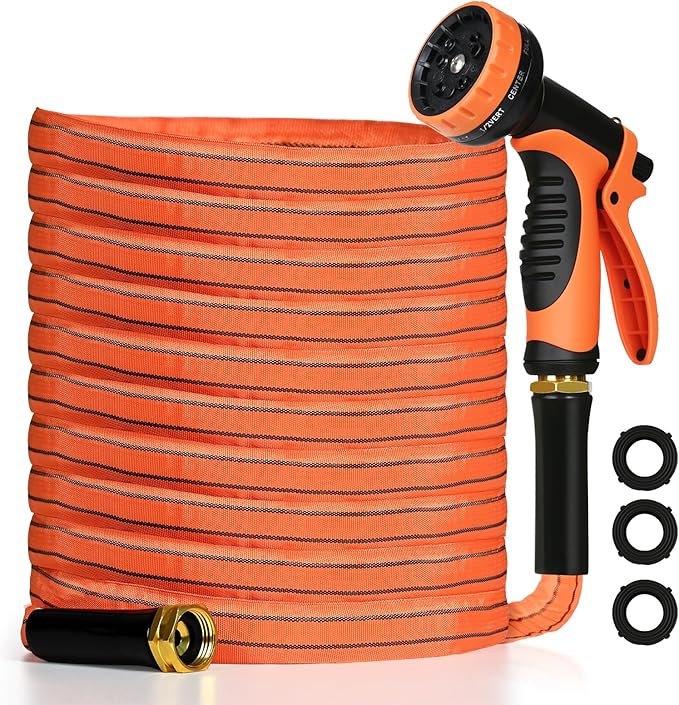 Garden Hose 75 ft,Non-Expanding,10 Functional Nozzles,Garden Hose Anti-Kink,Heavy Duty Flexible Water Hose 75 ft,Suitable for Outdoor,Yard, Car Washing and Other Scenes.(orange color, 75ft)