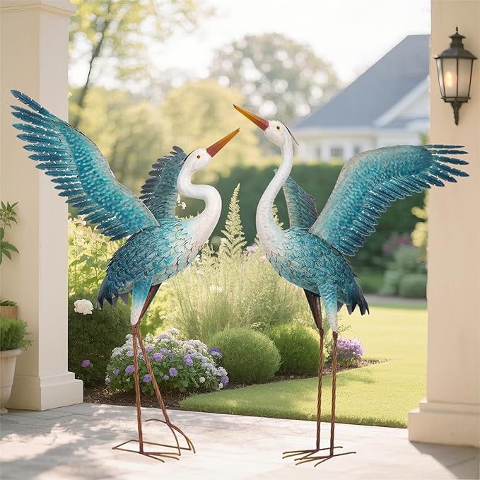 chisheen Garden Statue Outdoor Metal Heron Crane Yard Art Sculpture for Lawn Patio Backyard Decoration,46 inch (2-Pack) (White&Blue)