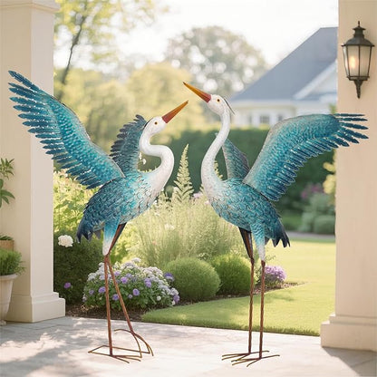 chisheen Garden Statue Outdoor Metal Heron Crane Yard Art Sculpture for Lawn Patio Backyard Decoration,46 inch (2-Pack) (White&Blue)