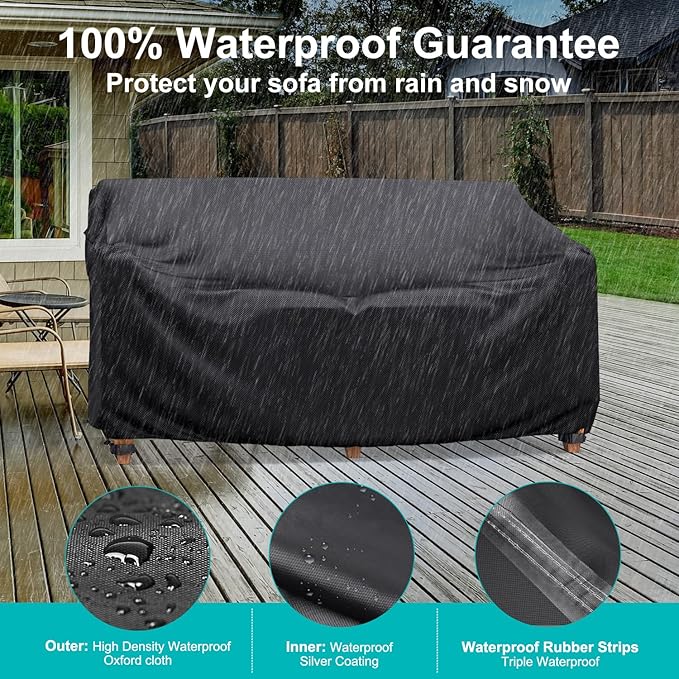 Patio Sofa Cover Waterproof, Heavy Duty 2-Seater Outdoor Couch Cover Patio Furniture Covers with Air Vent and Handles, 60" L×42" D×30" H, Black