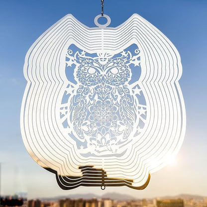 Wind Spinners Outdoor, 3D OWL Hanging Wind Spinners, 12 inches, Kinetic, Stainless-Steel Metal, Smooth Spinning, Indoor and Outdoor Decoration for Garden, Patio, Yard, Gift for Women Mom Wife